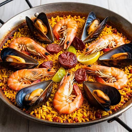 Photograph of a vibrant, circular seafood paella dish with shrimp, black mussels, chorizo, and yellow rice on a stovetop