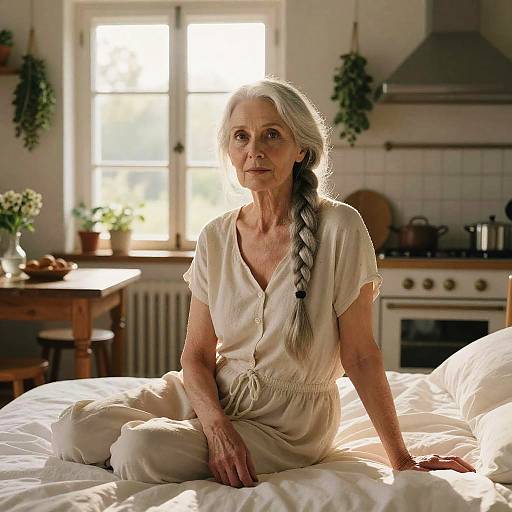 Elderly woman with long gray braid, wearing cream pajamas, sits on sunlit bed in cozy, rustic kitchen with potted plants.