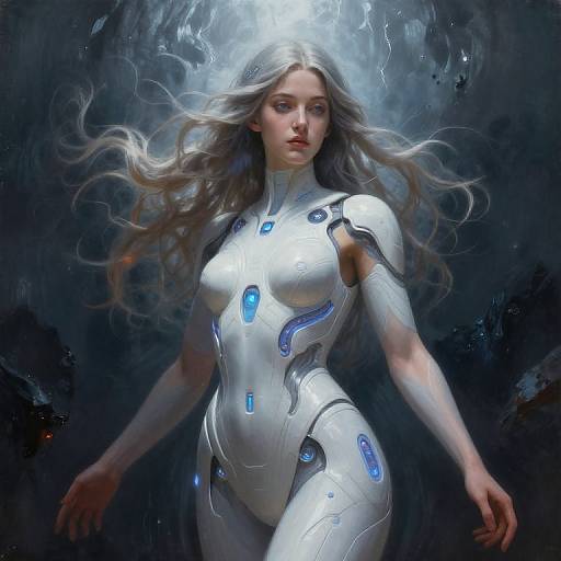 Digital painting of a beautiful, silver-haired woman in a glowing white, futuristic, form-fitting bodysuit with blue accents, floating against a dark