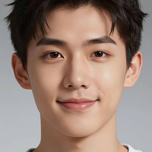Close-up photograph of a young Asian man with short, dark hair, light skin, brown eyes, and a slight smile against a gradient blue background.