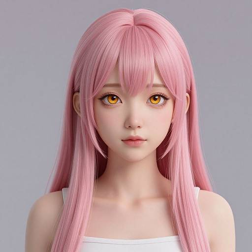 CGI anime-style portrait of a young woman with long pink hair, yellow eyes, pale skin, wearing a white tank top, against a gray background