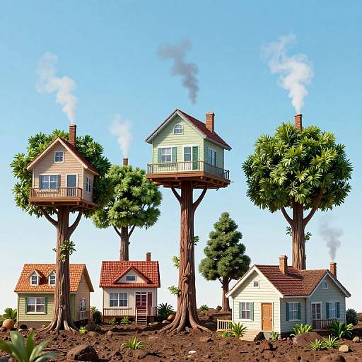 Colorful, detailed miniature diorama of four houses built on tall trees with smoke rising, set against a bright blue sky.