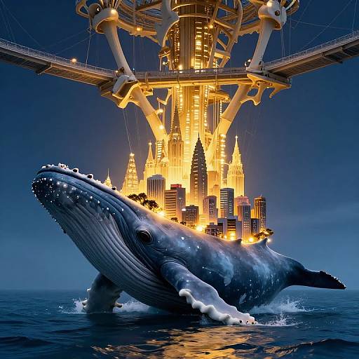 Photorealistic CGI: Giant blue whale carrying illuminated, futuristic cityscape with skyscrapers on its back, set against a dark, oceanic background