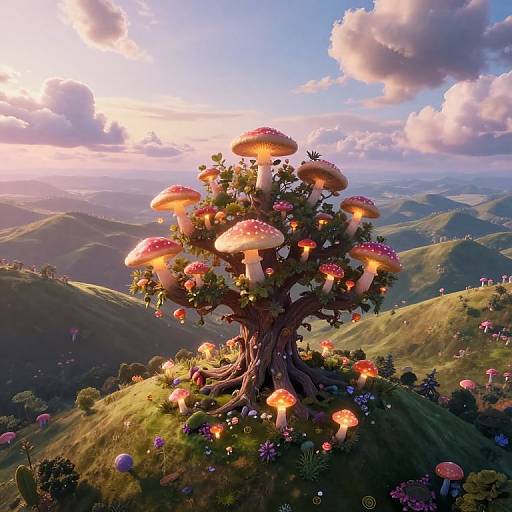 Digital fantasy artwork of a whimsical tree with large, glowing red-and-white spotted mushrooms, set on a lush, rolling hillside under a vibrant,