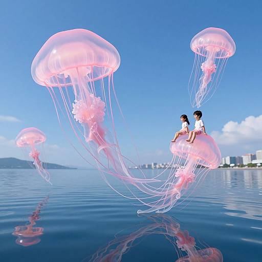 Digital artwork of two Asian children riding pink jellyfish in a clear blue ocean under a bright sky with distant city buildings.