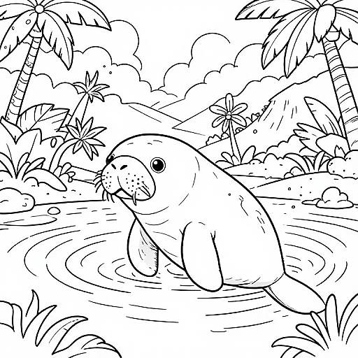 Black-and-white line drawing of a seal sitting in a tropical pond, surrounded by palm trees, clouds, and jungle foliage.