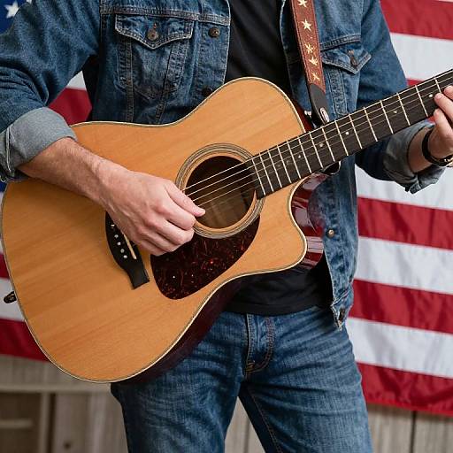 Photograph of a person in blue denim jacket and jeans playing a wooden acoustic guitar, with an American flag in the background.