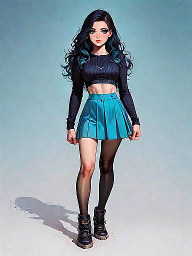 Stylish Woman in Black Crop Top and Blue Skirt