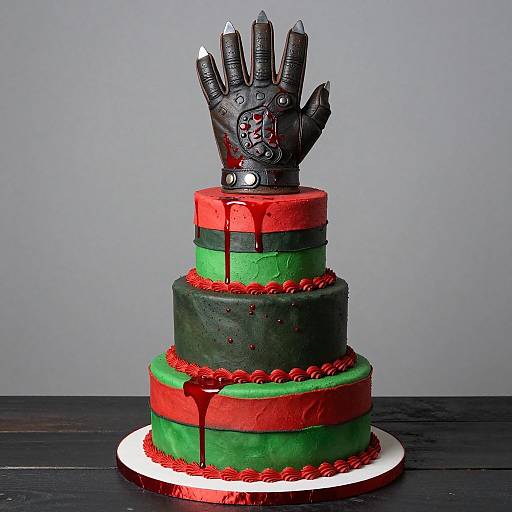 Photograph of a three-tiered cake with red, green, and black fondant, topped with a detailed, blood-stained, mechanical hand.