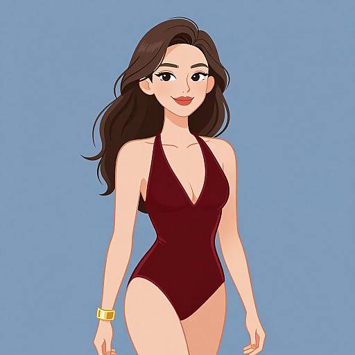 Smiling Woman in Red Velvet Swimsuit
