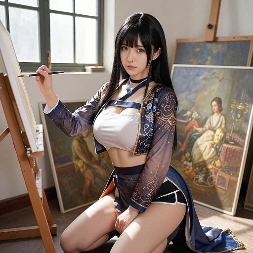 Photograph of an Asian woman with long black hair, wearing a revealing blue and white kimono-style outfit, kneeling and painting in a sunlit studio