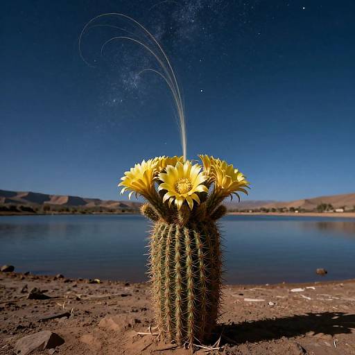 Photograph of a spiny cactus with bright yellow flowers, water spray, and a clear blue sky, set against a serene lake and mountain backdrop