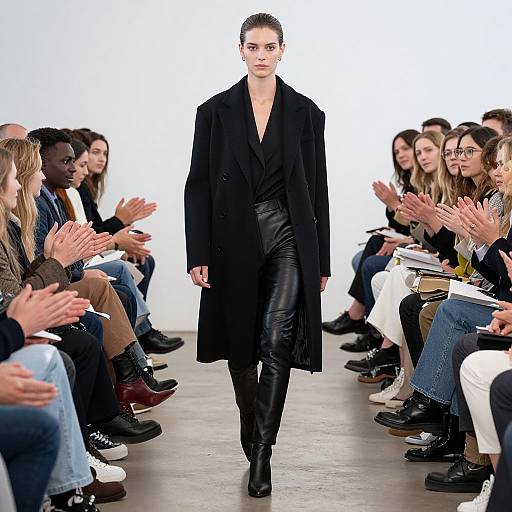 Photograph of a confident female model with dark hair in an elegant black long coat and leather pants, walking down a white-walled runway, with an
