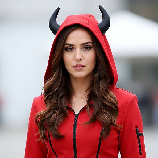 Photograph of a woman with long brown hair, wearing a red hooded jacket with black devil horns, standing against a blurred white background.