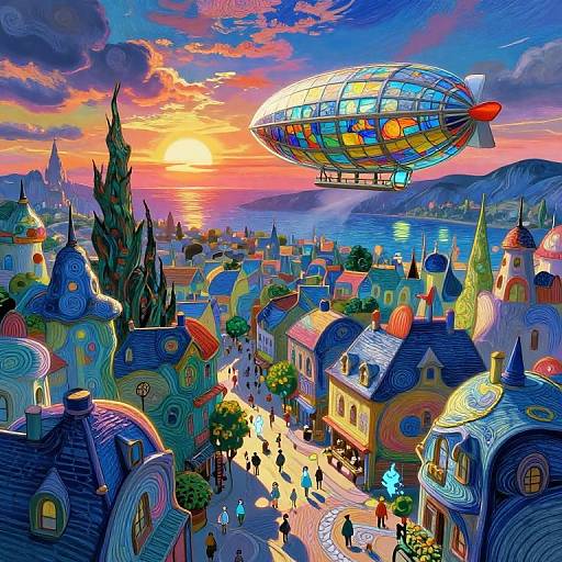 Vibrant digital painting of a whimsical, colorful town at sunset with a floating, mosaic airship, animated people, and surreal architecture.