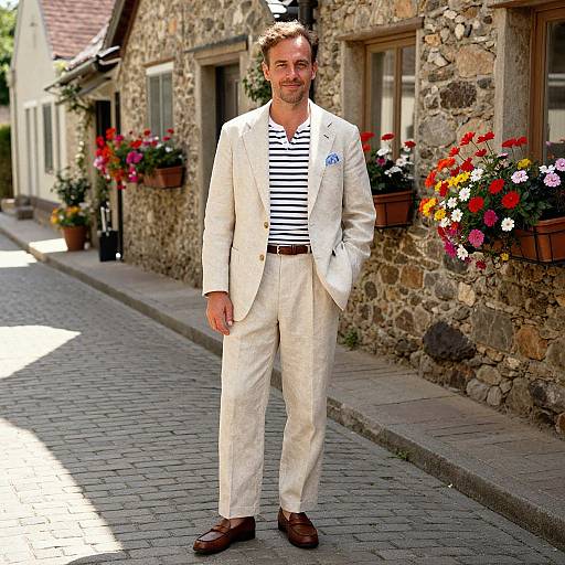 Photograph: Smiling man in white suit with black-striped shirt stands on cobblestone street, stone house with colorful flower boxes background.