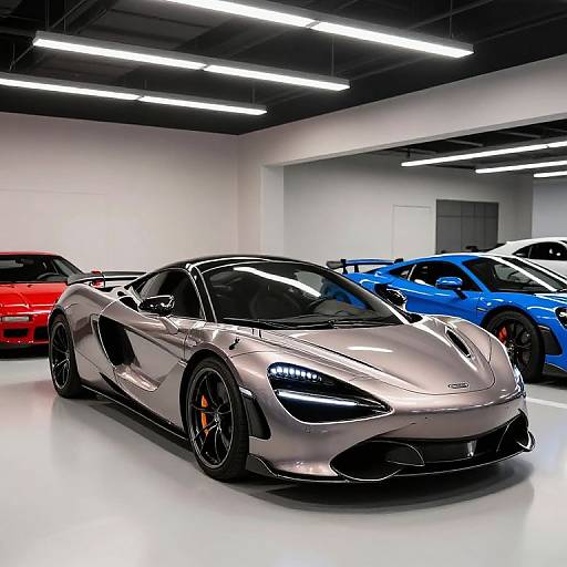 Photograph of a sleek, silver Porsche 918 Spyder with black wheels and red brake calipers, parked in a modern, brightly lit showroom with