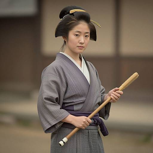 Photograph of a young Japanese woman in traditional gray kimono, holding a wooden flail, with black hair in an updo, standing outdoors in