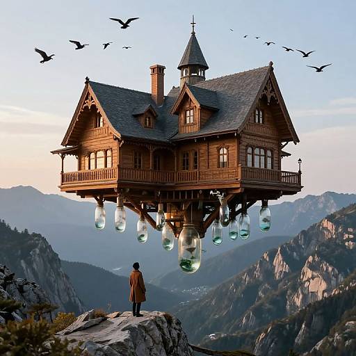 Fantastical wooden house with glass orbs, suspended over mountainous landscape, a lone figure stands on rocky outcrop, birds flying above. Digital artwork