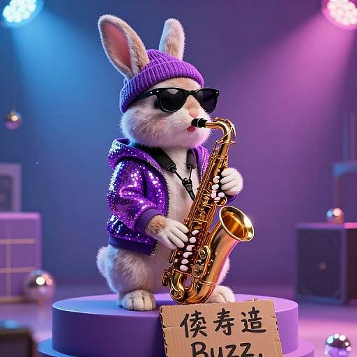 CGI bunny in purple beanie, sunglasses, and glittery jacket plays saxophone on stage, with Asian text sign and colorful lights.