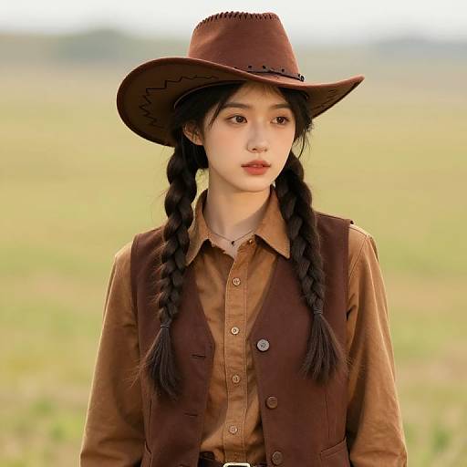 Girl in Brown Cowboy Hat and Outfit
