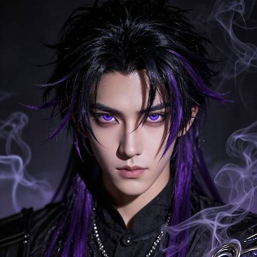 Digital portrait of a pale-skinned, androgynous individual with black, purple-tinted hair, intense purple eyes, and smoky purple