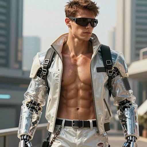 Photorealistic CGI of a muscular, shirtless man in a silver, reflective, futuristic jacket with black straps, sunglasses, and matching pants, walking