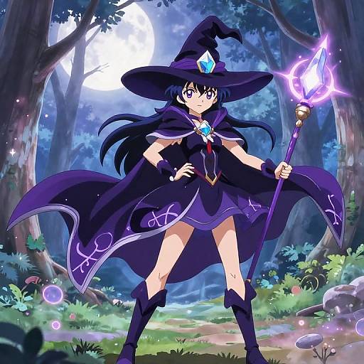 Anime-style drawing of a purple-eyed witch with long black hair, wearing a black hat and cloak, holding a glowing staff, in a moonlit forest