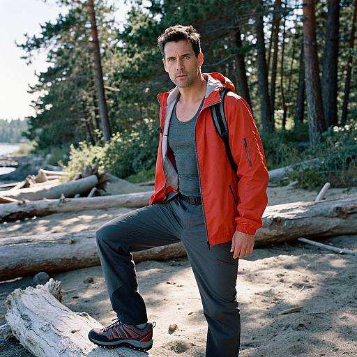 Photograph of a man with short dark hair, wearing a red jacket, gray tank top, and black pants, standing with one leg raised on a