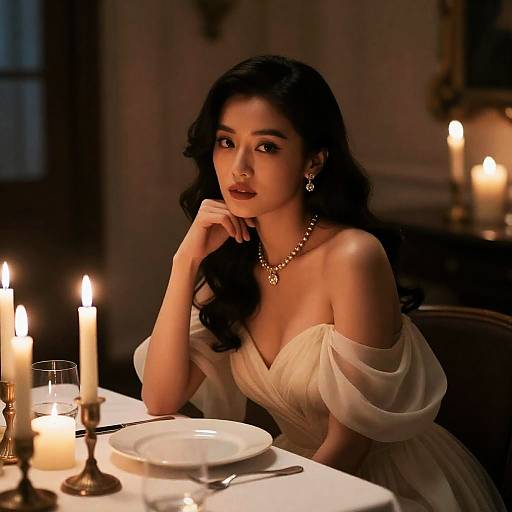 Photograph of a beautiful woman with long black hair, wearing an off-shoulder white dress and pearl necklace, sitting by candlelit dinner table in