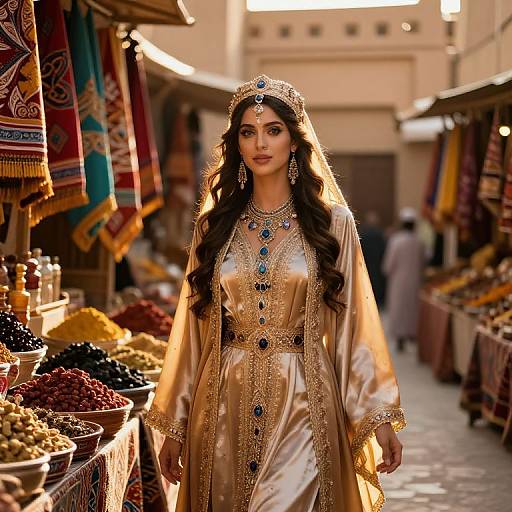 Photograph of a beautiful woman in a golden, intricately embroidered traditional dress and headpiece, standing in a vibrant, bustling market with colorful textiles and
