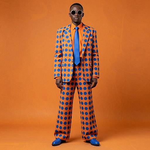 Photograph of a Black man in a bright orange polka dot suit, blue tie, and shoes, standing against an orange background, wearing round sunglasses