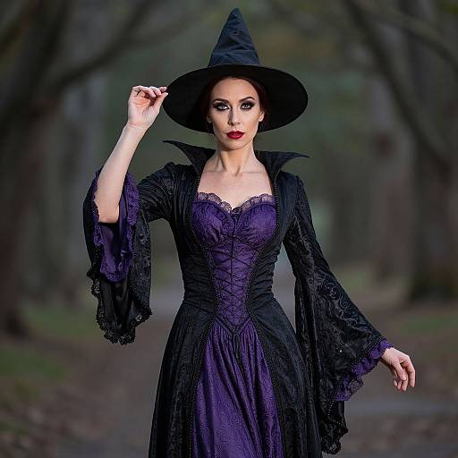 Photograph of a pale-skinned woman with red lipstick, dressed in a black witch hat and purple corseted dress with black lace, standing in