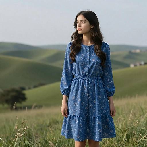 Gazing Woman in Blue Floral Dress