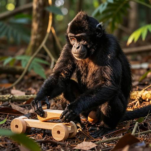 Photograph of a black-furred infant chimpanzee sitting in a forest, holding and examining a small wooden toy car with wheels. Sunlight filters through