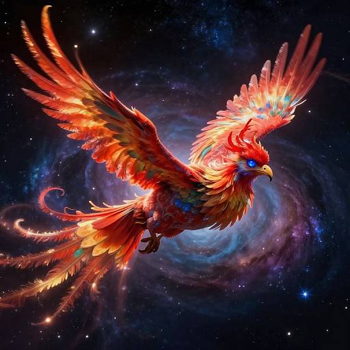 Vibrant digital artwork of a fiery, red-feathered phoenix with blue eyes soaring through a swirling, galaxy-filled night sky.