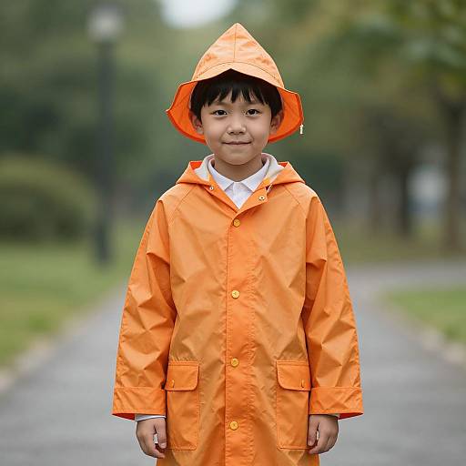 Photograph of a young Asian boy with black hair, wearing an orange raincoat with hood, standing on a blurred park pathway.