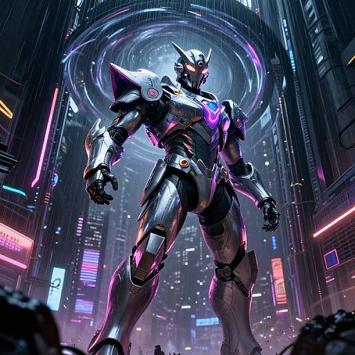 Cyberpunk CGI of a towering, silver robotic warrior with glowing purple accents, standing in a neon-lit, rain-soaked futuristic cityscape.
