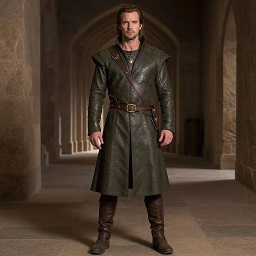 Photograph of a muscular, bearded man in a black, textured leather coat with a brown belt, standing in a dimly lit, stone ar