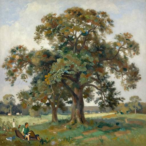 Impressionist painting of a large tree with two children sitting on a blanket in a grassy field, surrounded by distant trees.