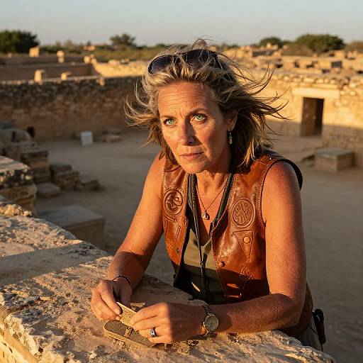 Photograph of a middle-aged woman with windblown blonde hair, wearing a brown leather vest, leaning on ancient stone ruins at sunset.