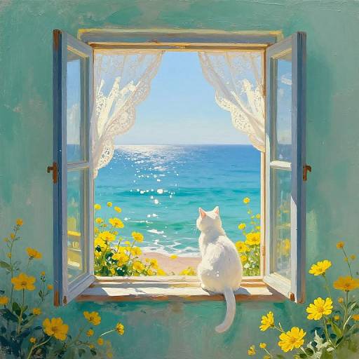Digital painting of a white cat sitting on a sunlit window ledge, overlooking a vibrant blue sea, with yellow flowers below and lace curtains framing the view