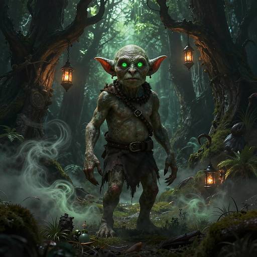 Digital art of a green-skinned, glowing-eyed goblin with large ears, wearing tattered clothes, standing in a misty, enchanted forest with