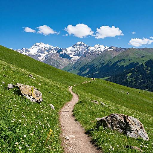 Photograph of a winding dirt path through lush green meadows, leading to snow-capped mountains under a bright blue sky with scattered white clouds.