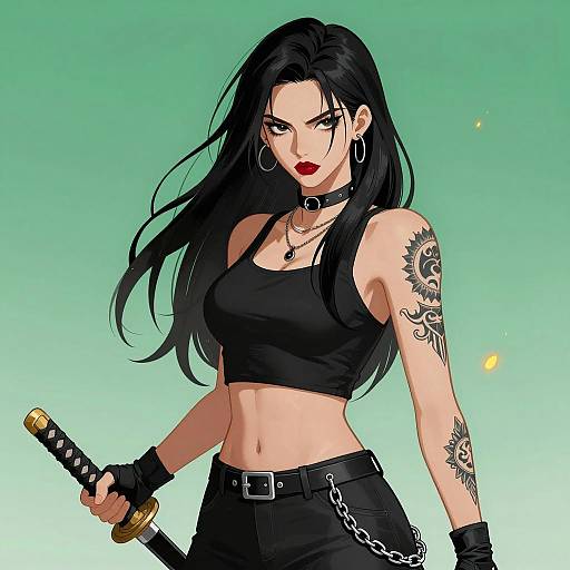 Digital illustration of woman with katana and tattoos