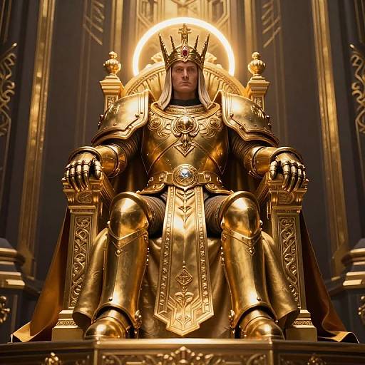 Photorealistic CGI of a regal, golden-armored man with a crown, seated on an ornate, glowing throne in a grand, dark