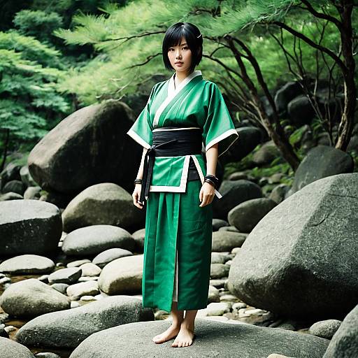 Young Asian Woman in Green Kimono Outdoors