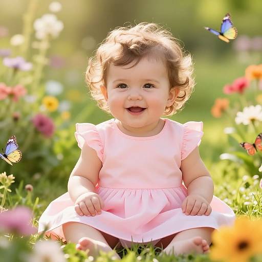 Photograph of a smiling, curly-haired toddler in a pink dress, sitting in a sunlit garden with colorful flowers and butterflies.