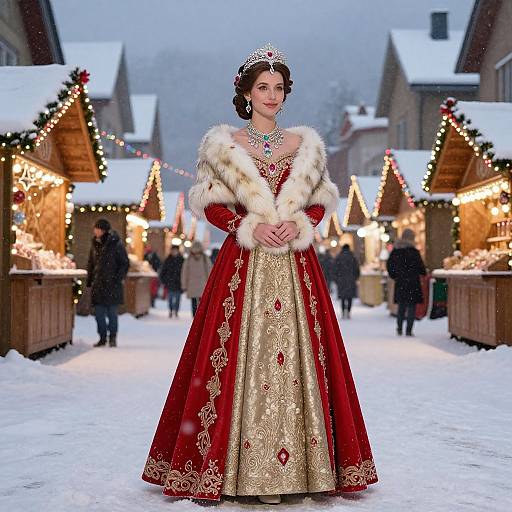 Photograph of a woman in a red and gold, ornately embroidered gown with fur-trimmed shoulders, standing in a snowy Christmas market.