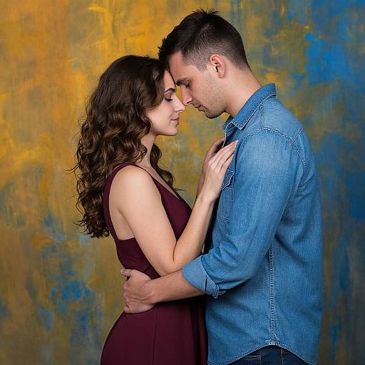 Photograph of a romantic couple gazing into each other's eyes, she in a maroon dress, he in a blue denim shirt, against a